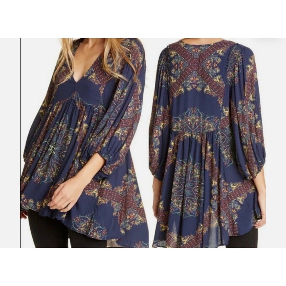 Free People Women's Blue Paisley Girl Talk Balloon Sleeves Tunic Boho Medium